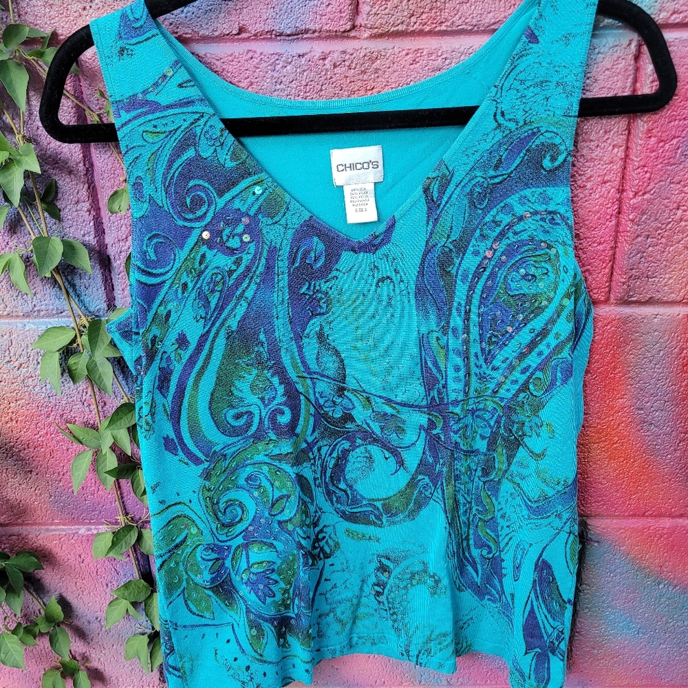 Gorgeous turquoise, blues and green Chico's Vintage sleeveless size 2 top